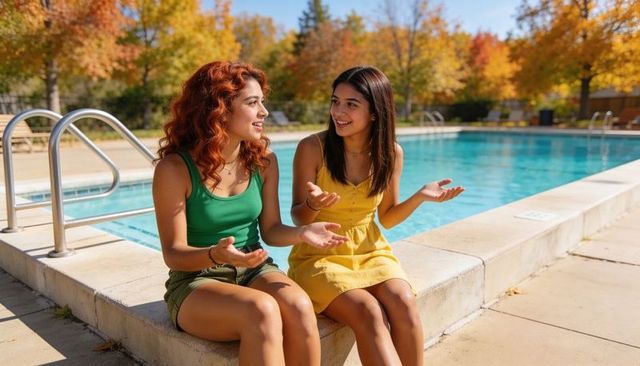 Teen friends chatting poolside in autumn with fall foliage, casual summer outfits