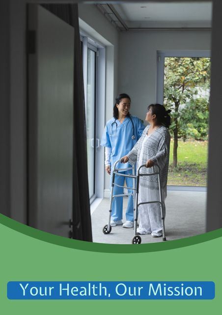 Nurse assisting an elderly patient with a walker indoors, highlighting themes of healthcare, caregiving, and patient support. Ideal for medical advertisements, healthcare brochures, senior care services, and rehabilitation center promotions.