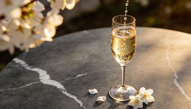 Pouring champagne flute on marble table with spring blossom petals at golden hour