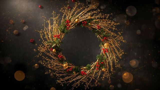 Elegant festive wreath with gold twigs and red berries