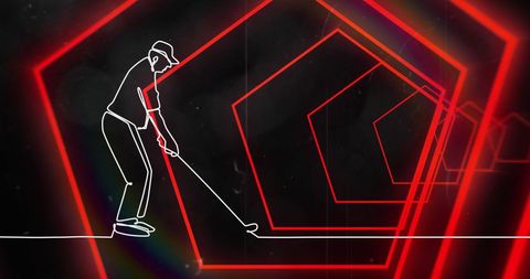 Illustration of Golfer in Neon Digital Tunnel for Futuristic Concept
