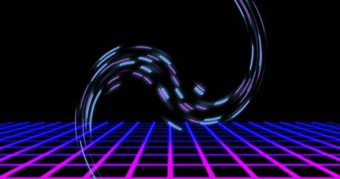 Digital neon wave on futuristic grid surface