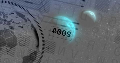 Glowing cyan planet showing crescent with mirrored 2004 stamp and holographic globe