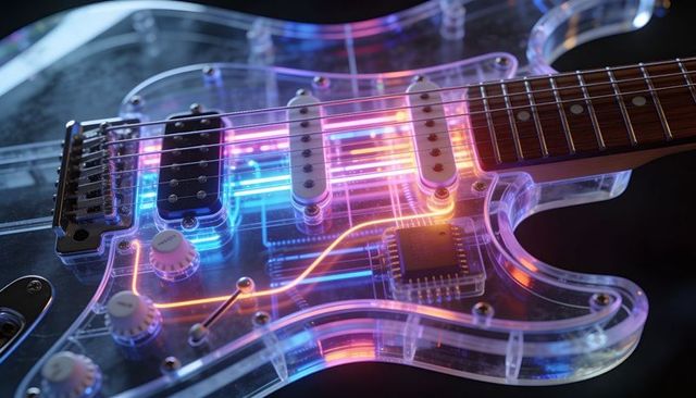 Transparent electric guitar with neon circuitry and glowing pcb revealing futuristic tech