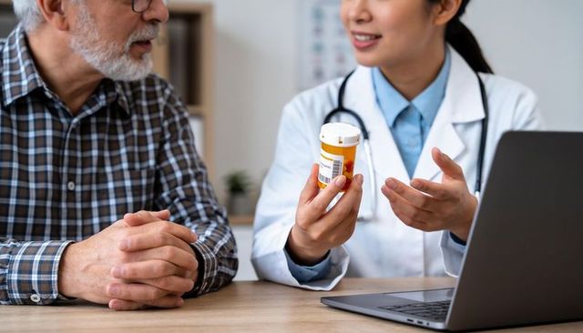 Doctor explaining prescription bottle to senior patient during medication consultation