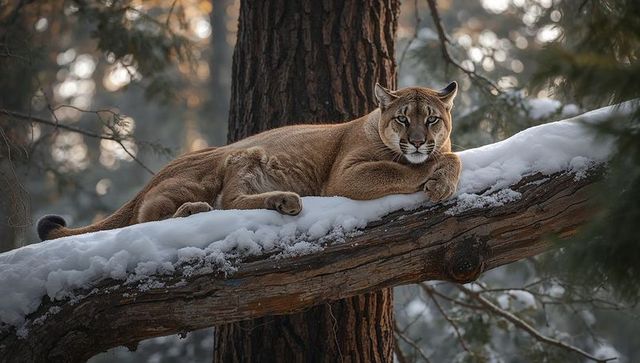 Mountain lion resting on snow-covered pine limb in winter forest, tawny puma portrait