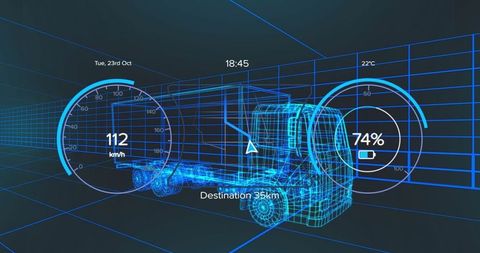 Futuristic digital wireframe semi-truck with tech interface