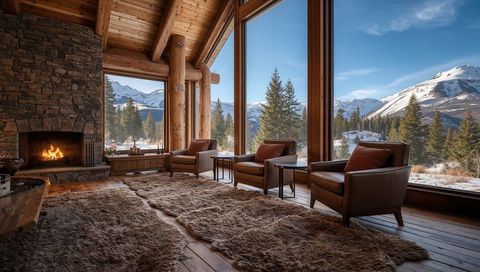 Mountain lodge living room with stone fireplace and panoramic snowy alpine views