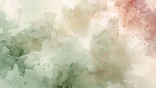 Soft watercolor ink wash background with green beige blush and translucent pigment blooms