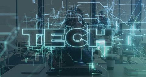 Neon-blue tech hologram projecting over open office workstation enabling augmented reality collabora