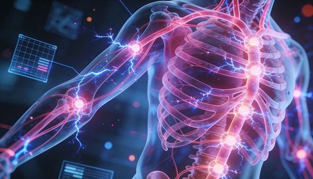 Holographic Torso Showing Neural Pathways, Electrified Joint Nodes, Futuristic Medical Interface