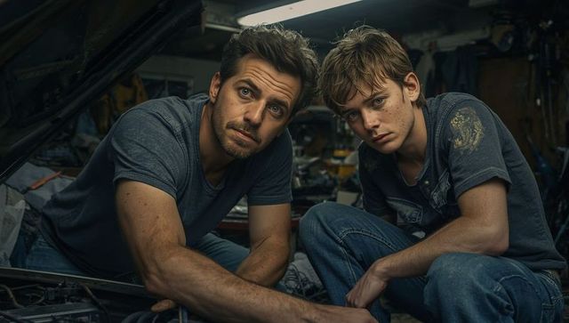 Father and son bonding while repairing car engine in garage