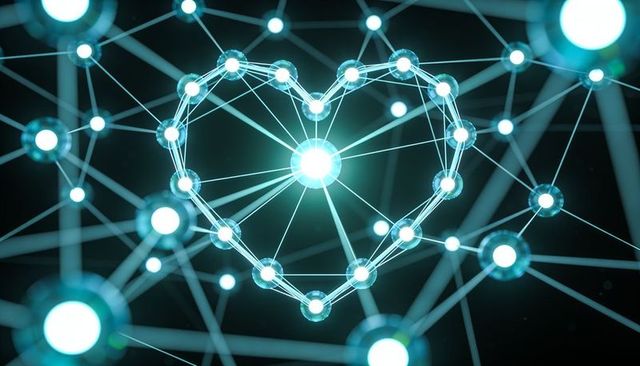 Pulsing heart-shaped neural network connecting data nodes for ai and emotion