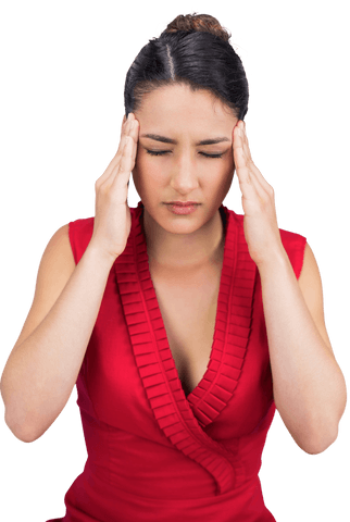 Woman in Red Dress with Headache on Transparent Background