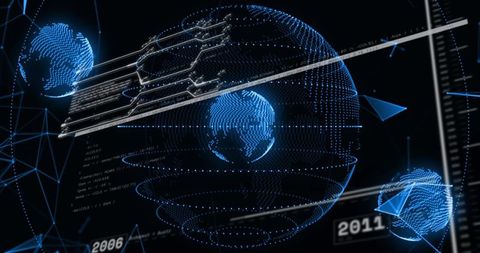Rotating holographic globe projecting concentric rings in neon hud with satellite orbs