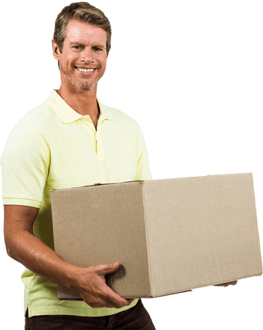 Portrait of smiling man holding box on transparent background