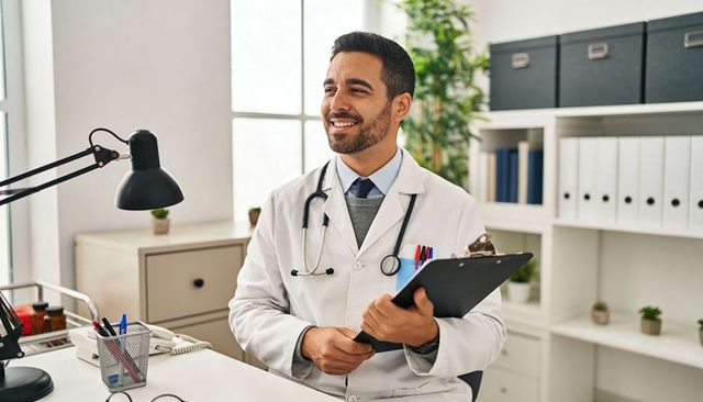 Smiling physician holding clipboard in bright modern clinic office with stethoscope