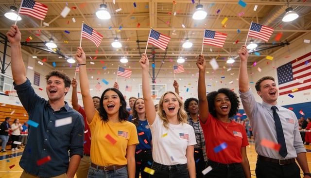 High school students cheering and waving american flags in gymnasium during celebration