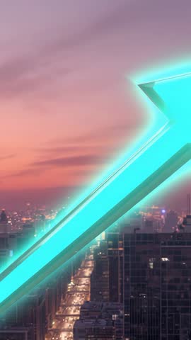 Vertical neon arrow rising over dusk city skyline signaling growth, progress, futuristic technology