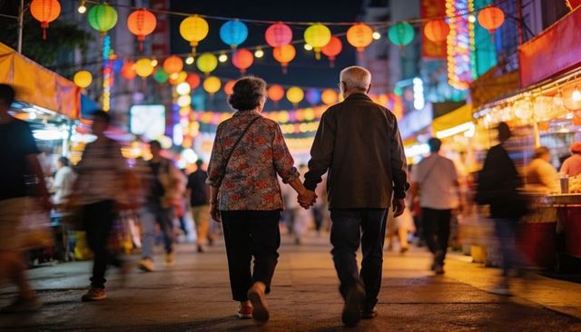 Walking senior couple holding hands under colorful lanterns at bustling night market