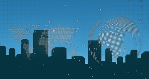 Digital interface and data processing in blue cityscape background