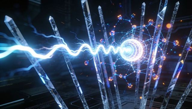 Pulsing blue energy beam striking glowing quantum node through prismatic crystal lattice