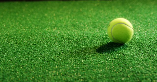 Bright tennis ball resting on green grass surface, casting a slight shadow. Suitable for illustrating concepts related to tennis, outdoor sports, and leisure activities. Useful for promotional materials, sports coaching, or as visual support for articles discussing tennis and athletic games.