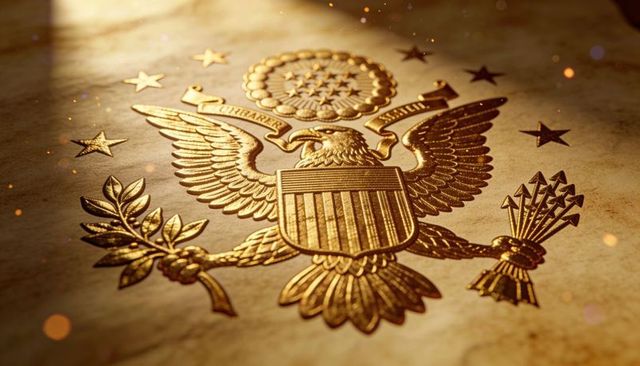 Gleaming embossed heraldic eagle crest catching warm light on aged parchment with shield & olive
