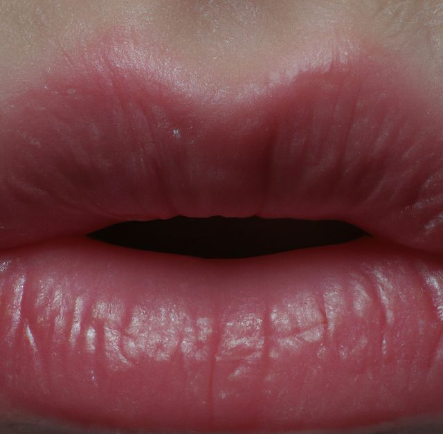 Highly detailed close-up of natural pink lips forming a slight part. The texture of the lips and their moisture are visibly highlighted. Ideal for use in beauty and skincare product advertisements, medical articles about oral health, or illustration purposes in artistic photography collections. This image can also be beneficial for dermatology or cosmetic procedure promotions.