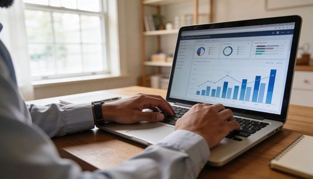 Business professional typing on laptop showing analytics dashboard with growing bar charts