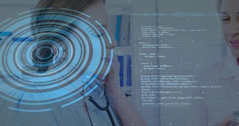 Female doctors consulting with digital hud and holographic medical records visualization