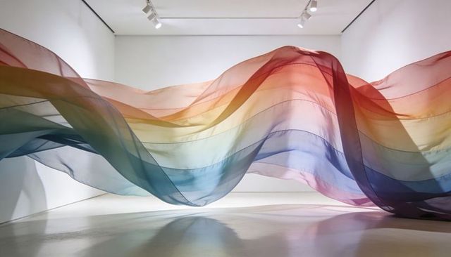Suspended sheer fabric waves flowing through gallery, rainbow gradient reflecting on floor