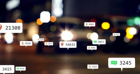 Digital Connections in Blurred Cityscape with Overlaid Data Icons