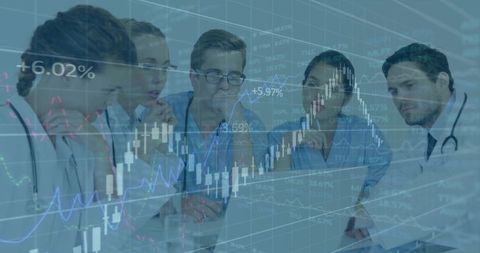 Medical professionals analyzing data with financial charts overlay