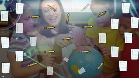 Diverse Schoolchildren and Teacher Engaged in Learning with Animation
