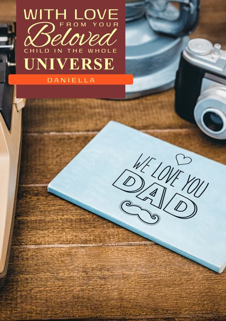 Heartwarming card expressing love for dad, perfect for Father's Day celebrations. Paired with nostalgic retro items like a typewriter and a vintage camera, this composition evokes a sentimental feel. Ideal for greeting card designs, heartfelt messages, or social media posts celebrating fathers and cherished memories.