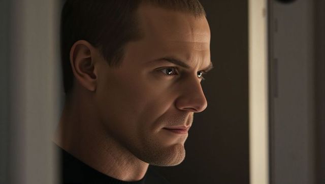 Focused right-profile man peering through doorway, dramatic sidelight close-up portrait