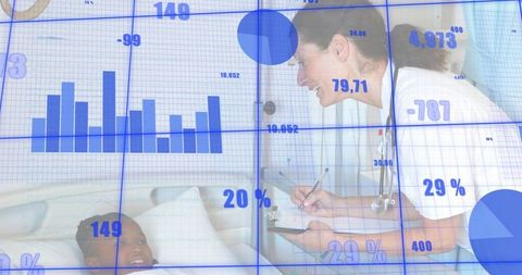 Nurse leaning and documenting bedside pediatric care with health analytics overlay
