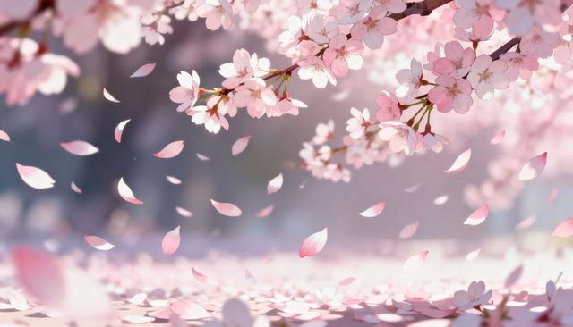 Drifting sakura blossoms blanketing sunlit spring park with falling pink petals
