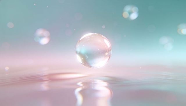 Hovering iridescent droplet reflecting pastel light over rippling liquid surface with soft bokeh
