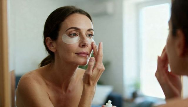 Middle-aged woman applying under-eye patches at vanity mirror, practicing gentle skincare ritual