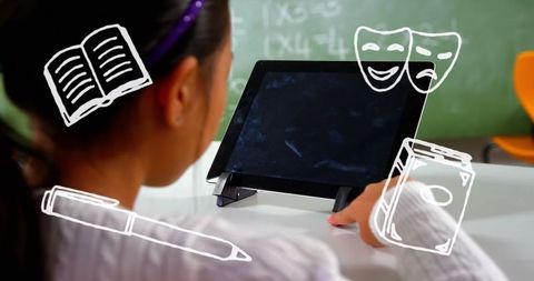 Young Student Using Tablet with Educational Doodles Overlay