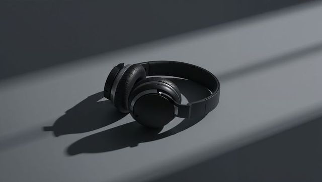 Matte black over-ear headphones resting on gray tabletop casting parallel shadow stripes