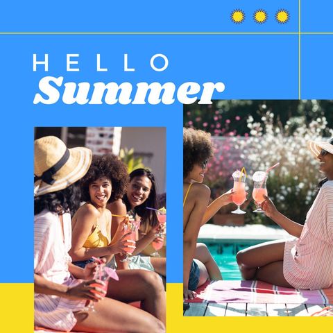 smiling friends enjoying refreshing drinks by poolside in summer - Download Free Stock Templates Pikwizard.com