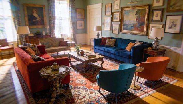 Elegant parlor showcasing jewel-toned velvet sofas, carved coffee table and persian rug