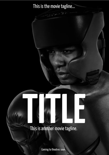 This visual captures a determined boxer in black and white, gazing intensely forward. Ideal for promoting films centered around sports, boxing, and martial arts. Perfect for movie posters, advertising campaigns, and promotions portraying strength and determination.
