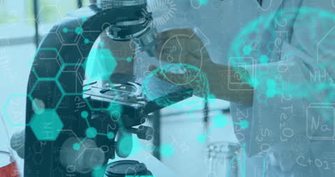 Female Lab Scientist Using Microscope with Digital Data Overlay