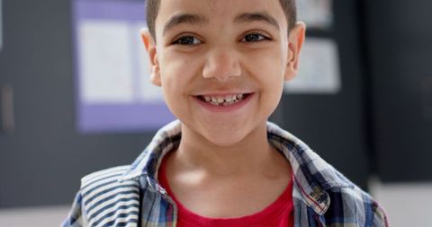 Cheerful Boy Smiling in Classroom, Plaid Shirt, Primary Education - Download Free Stock Images Pikwizard.com