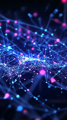 Vertical Neon Neural Network Pulse Gliding Camera Through Luminous Mesh and Nodes