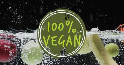 100% Vegan Label with Fresh Fruits Underwater